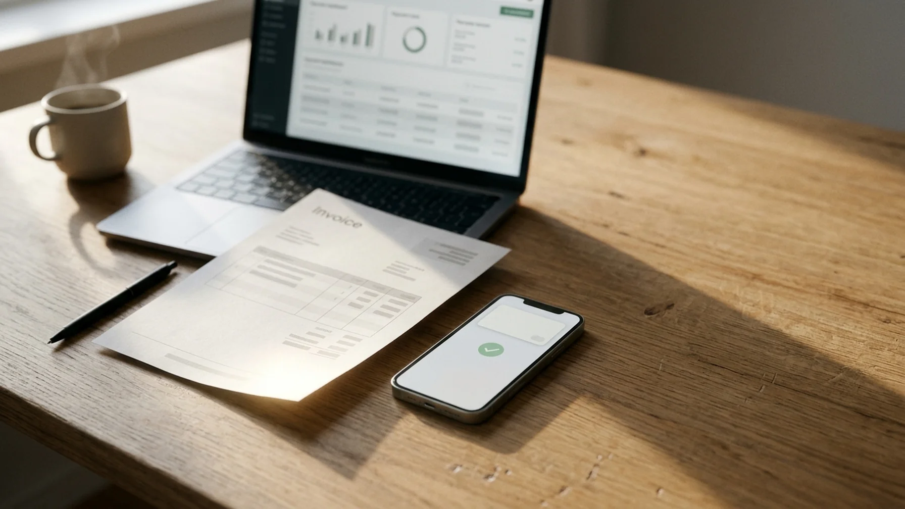 A desk with a laptop showing a payment dashboard, a printed invoice, a phone with a wallet confirmation, and a coffee cup, lit by morning window light.