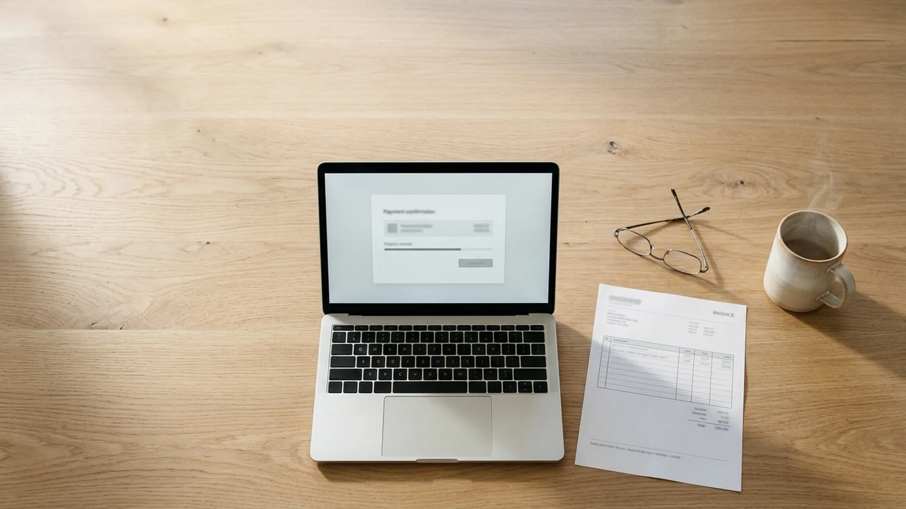 Close-up of a laptop on a wooden desk showing a payment confirmation screen, a printed contractor invoice beside it, morning light from a window