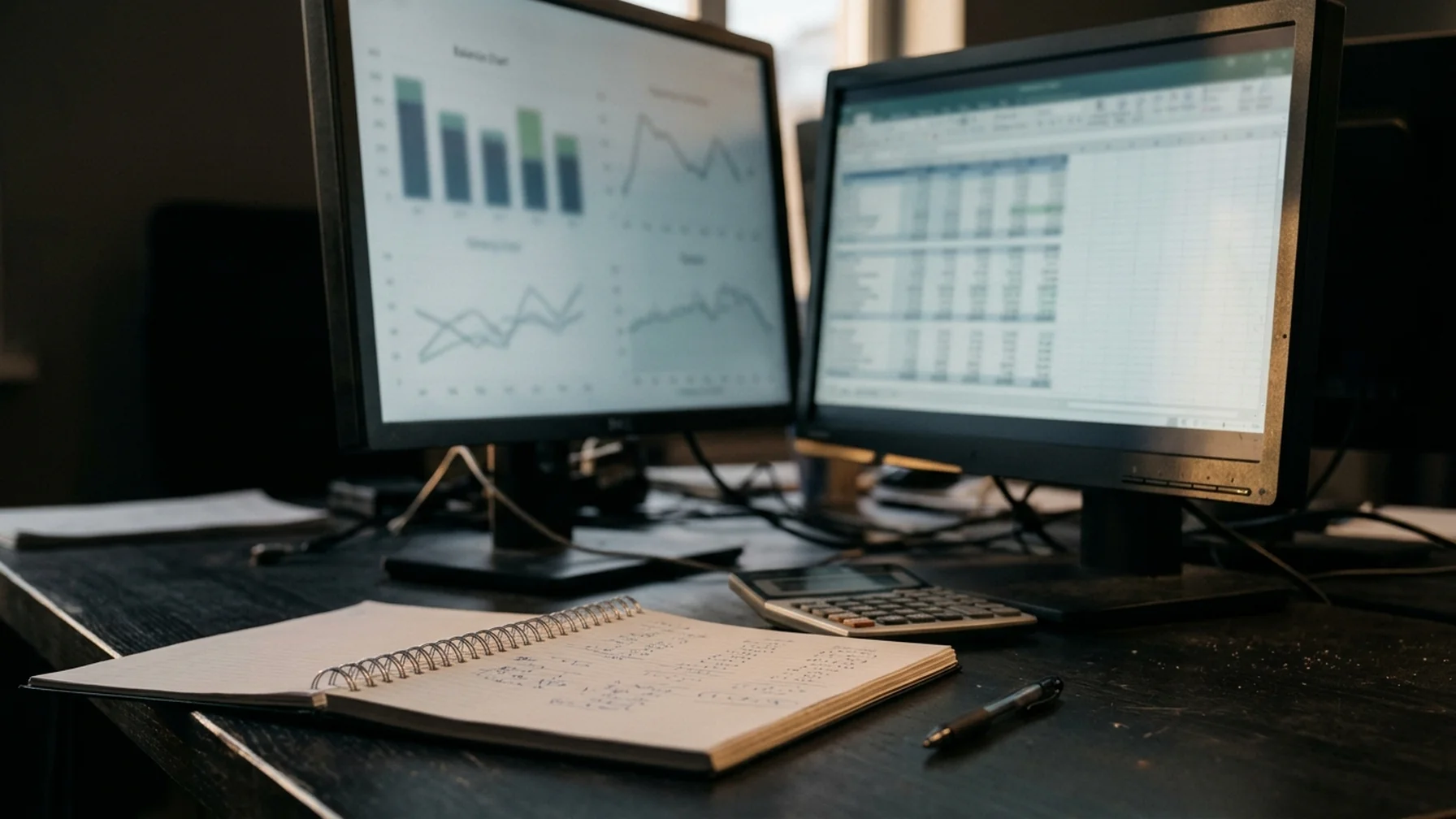Finance desk with two monitors showing balance dashboards, a notebook with handwritten reconciliation notes and a calculator, evening office light